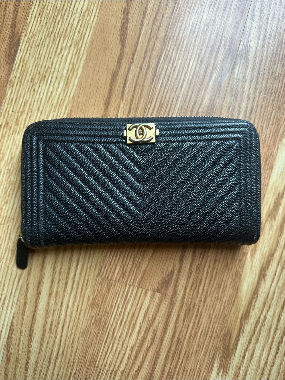 Chanel Black Quilted Zip Around Wallet with Gold CC Logo